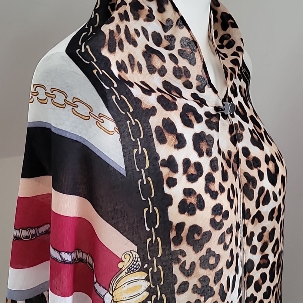 Chicos Leopard Chain Medallion Ablong Oversized Scarf Wrap
